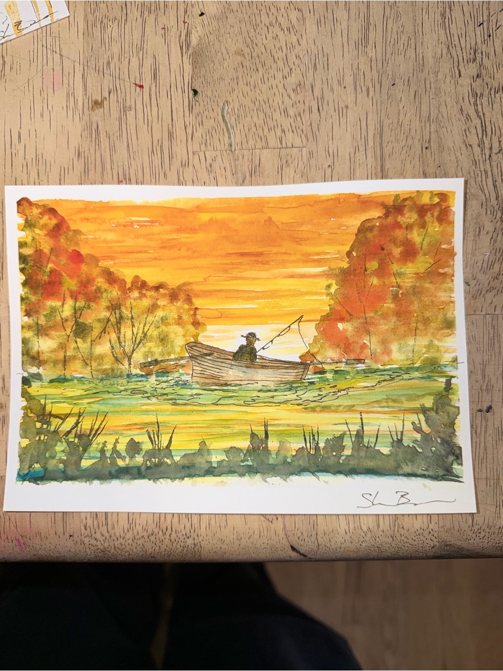 Sunset Fishing Watercolor Art Print in Orange and Green